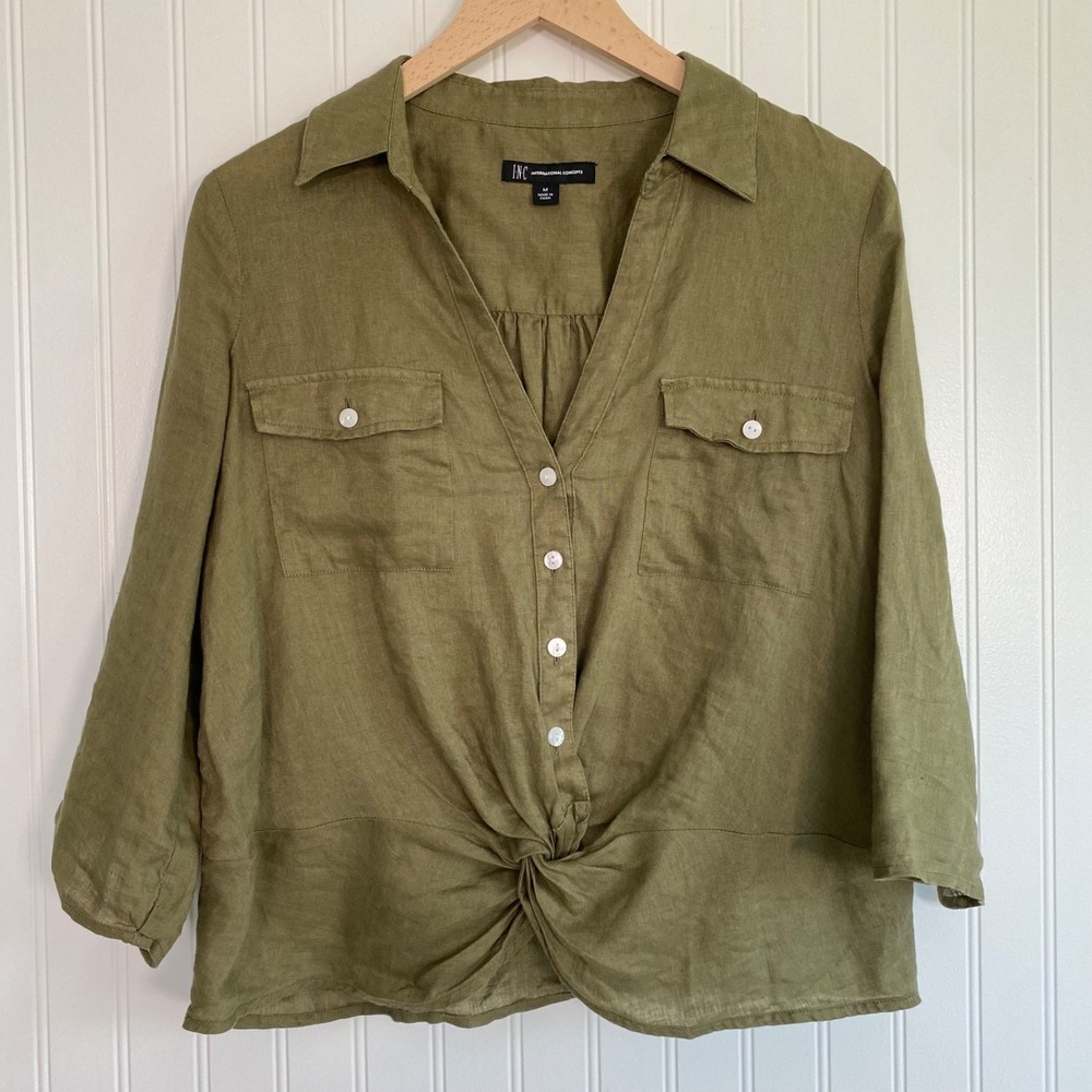 INC Womens 100% Linen Button Up Top Size M Resort Granola Coastal Twist Front